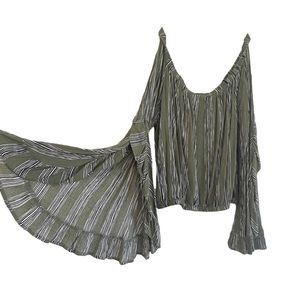 Altered State Green Black White Stripe Flowy Bell Sleeve Crop Off Shoulder Top